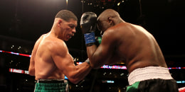 Image: Dewey Bozella lands an uppercut on Larry Hopkins in their cruiserweight fight at Staples Center