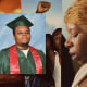 A collage of photos from the protests in Ferguson after Michael Brown was shot and killed by police; photos including his father, his mother crying, Michael Brown in a high school graduation portrait, a protestor raising his fist, and a protester near flames and smoke.