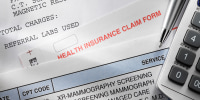 Stack of medical bills and health insurance claim form. 