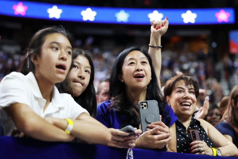 Supporters cheer at a Kamala Harris a campaign rally in Las Vegas on Aug. 10, 2024. 