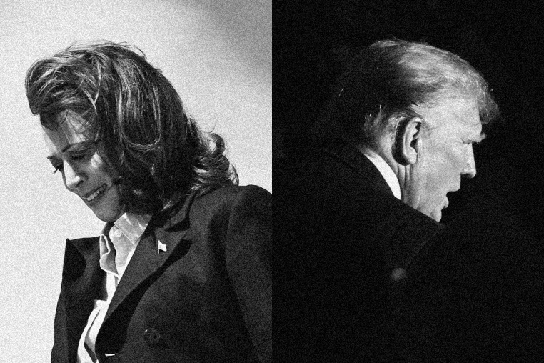 A black and white side by side of Kamala Harris and Donald Trump