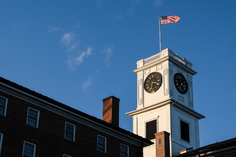 Amherst College Johnson Chapel tower on a sunny day.