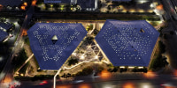 An aerial view of NVIDIA headquarters at night