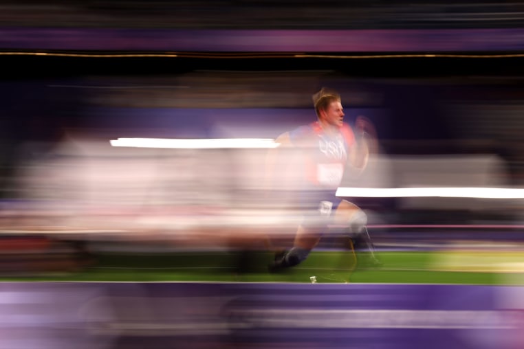 Hunter Woodhall during the 4x100m Universal Relay on day nine of the Paris 2024 Summer Paralympic Games at Stade de France on September 06, 2024.